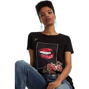 DESIGUAL Graphic Tee T-Shirt Size M Short Sleeve Lips Floral Embellished Black